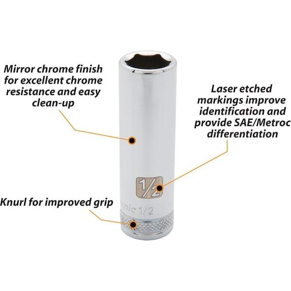 Tools 3/8 Drive 6 Point SAE, 5/8 Deep Length, Chrome Finish Socket